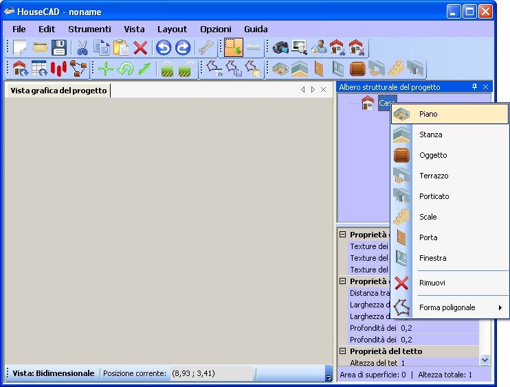 Menu a tendina per la creazione di un nuovo piano